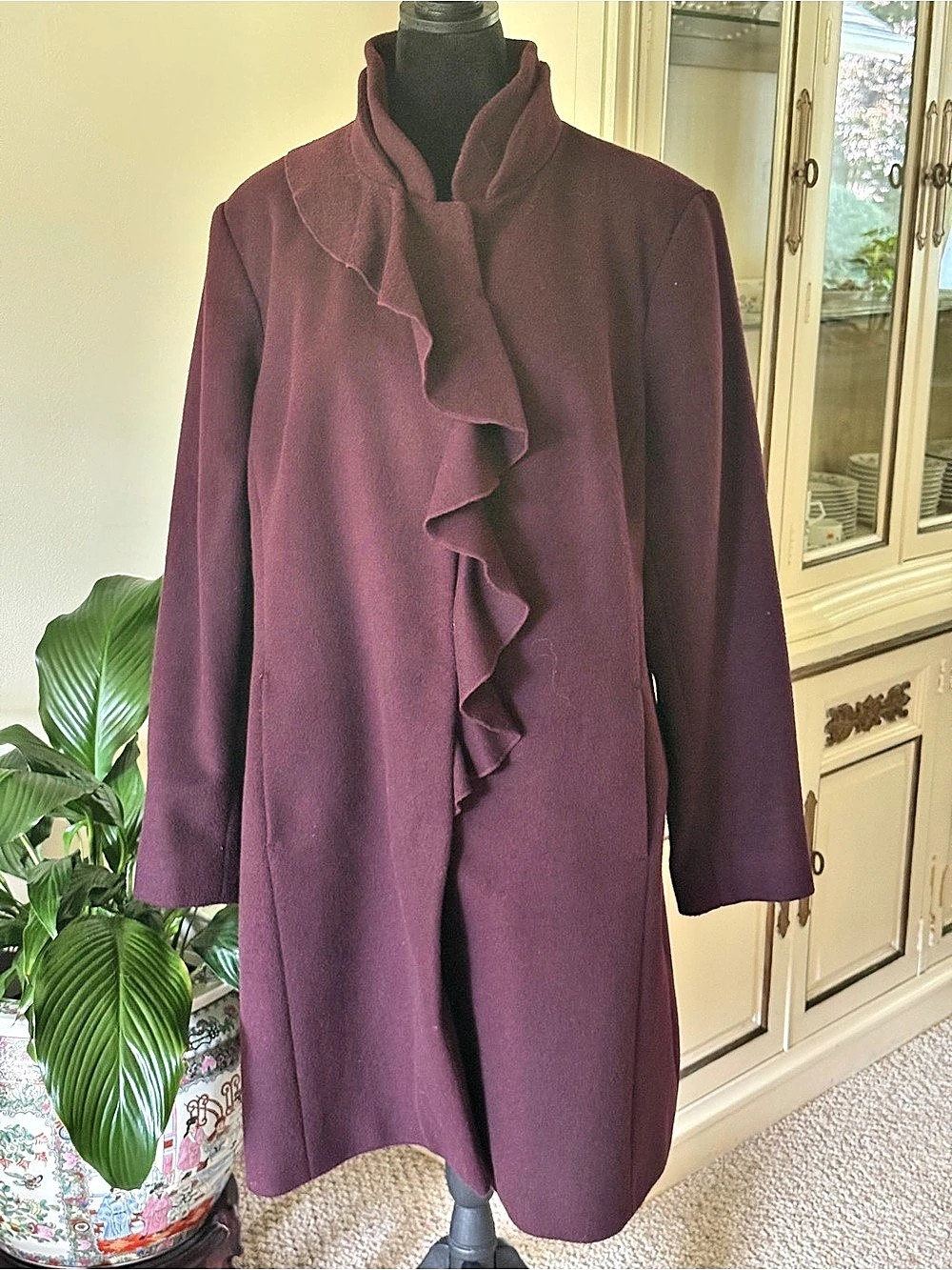 DKNY Ruffle Front Coat in Purple Size 1X Like New